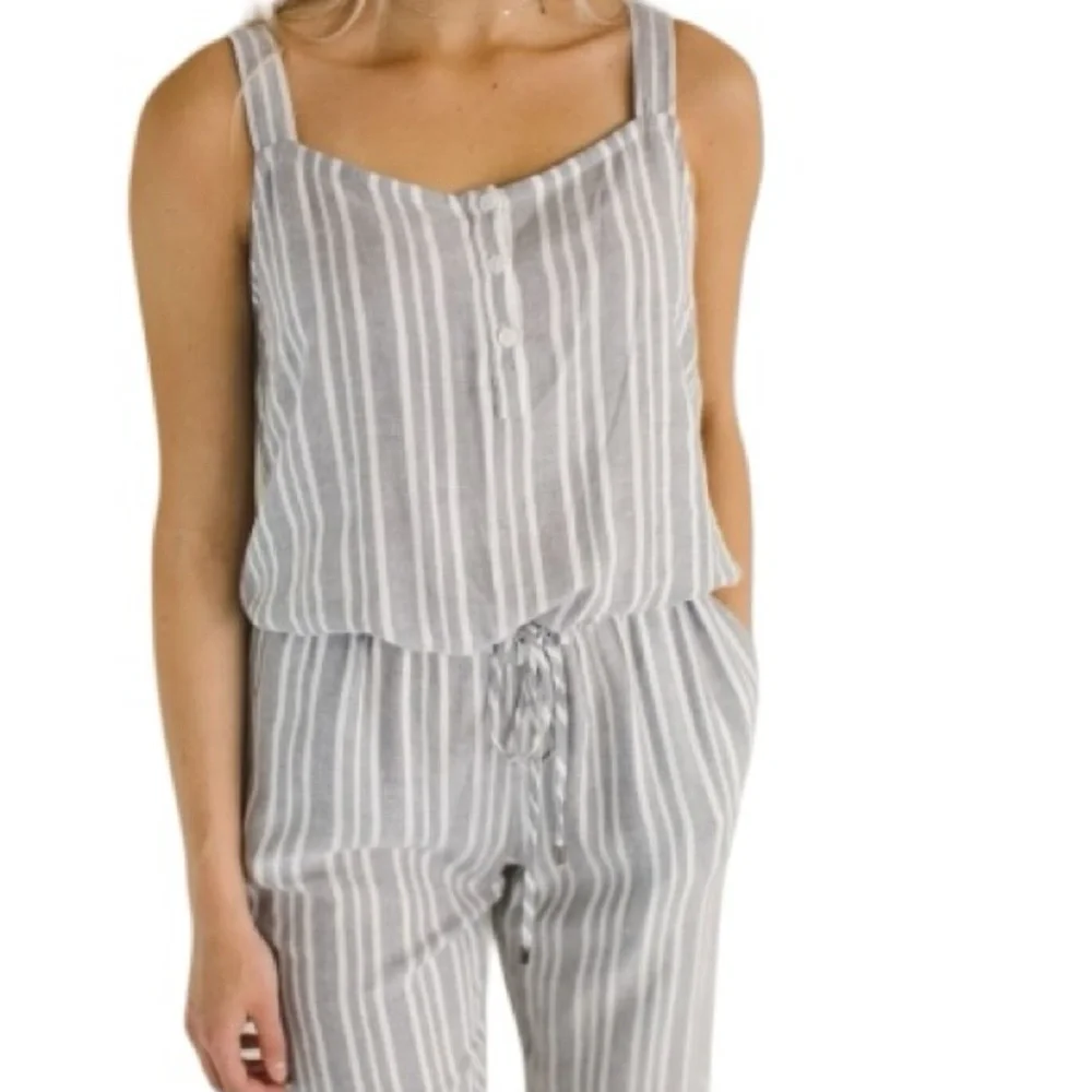 Rails size large sleeveless blue & white stripe jumpsuit with drawstring waist
